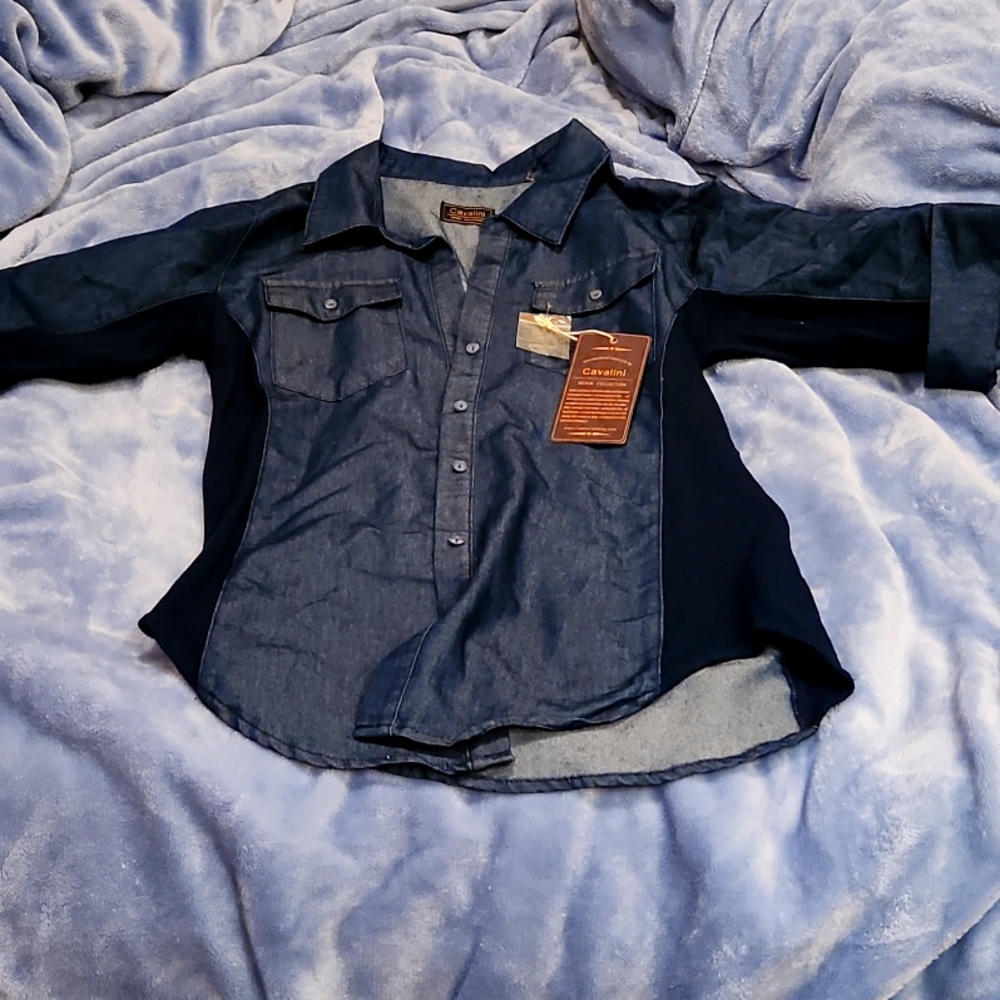 Large denim buttoned blouse with 3/4  sleeve